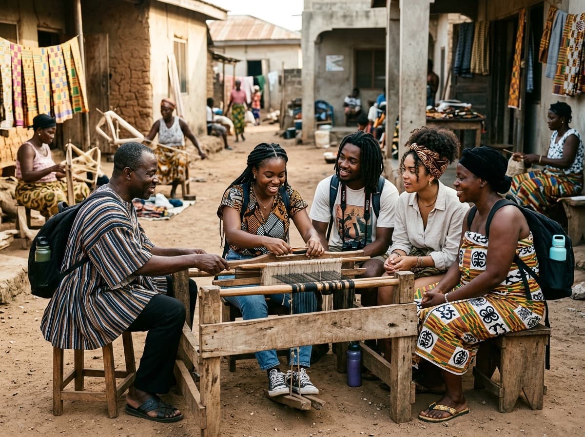 Travelers learning traditional textile craftsmanship with artisans in Accra