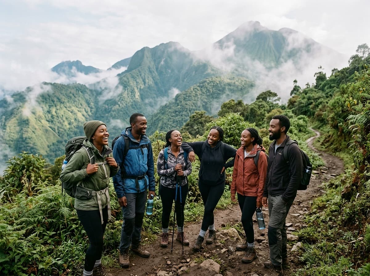 Hikers along a scenic mountain trail near Volcanoes National Park in Rwanda