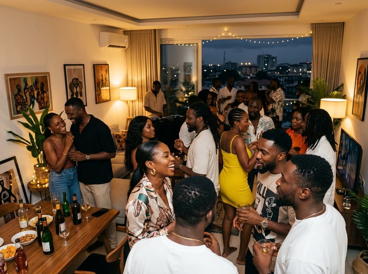 Friends having a vibrant house party in a contemporary Lagos apartment