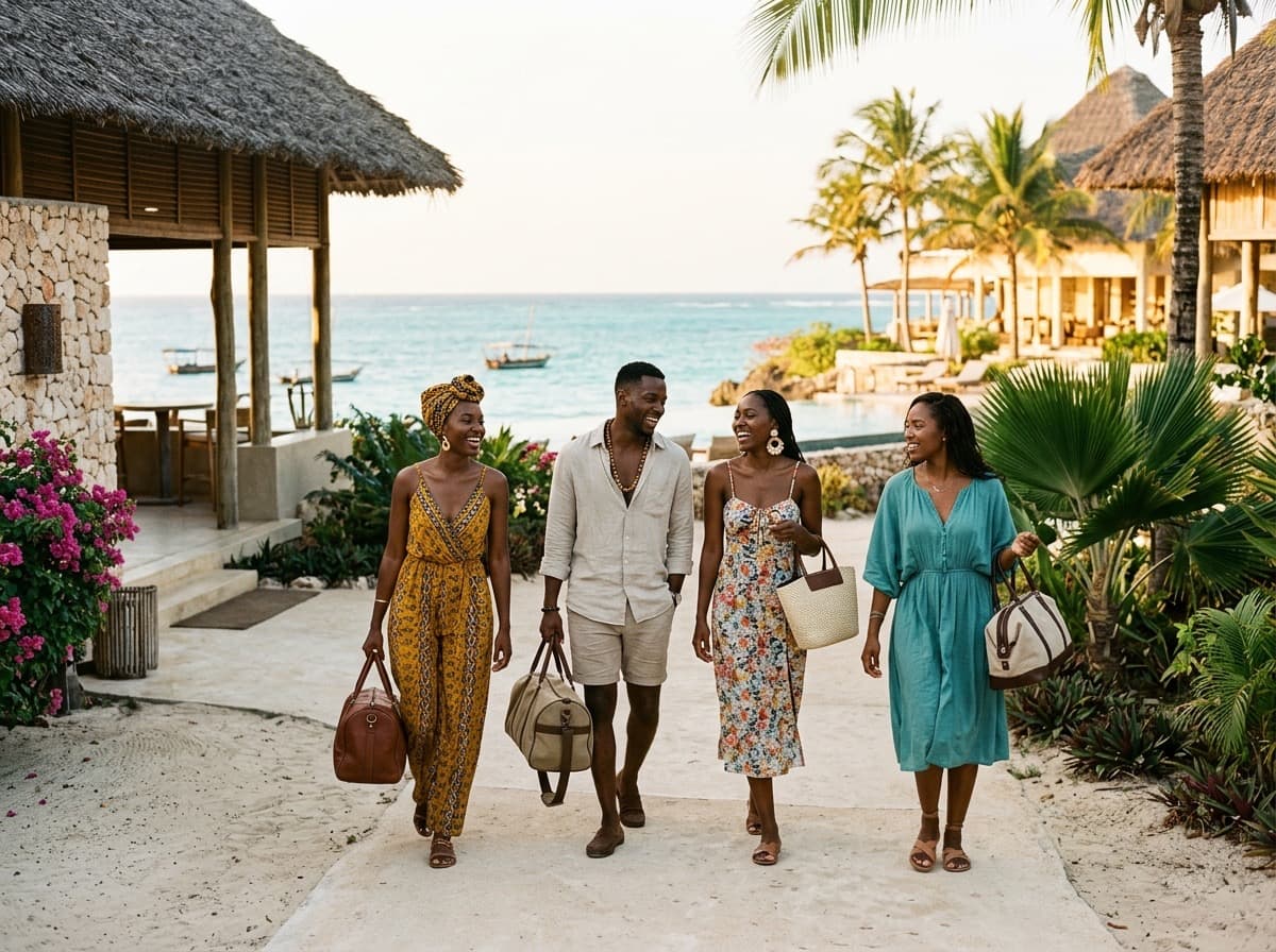Stylish travelers arriving at an oceanfront luxury resort in Zanzibar