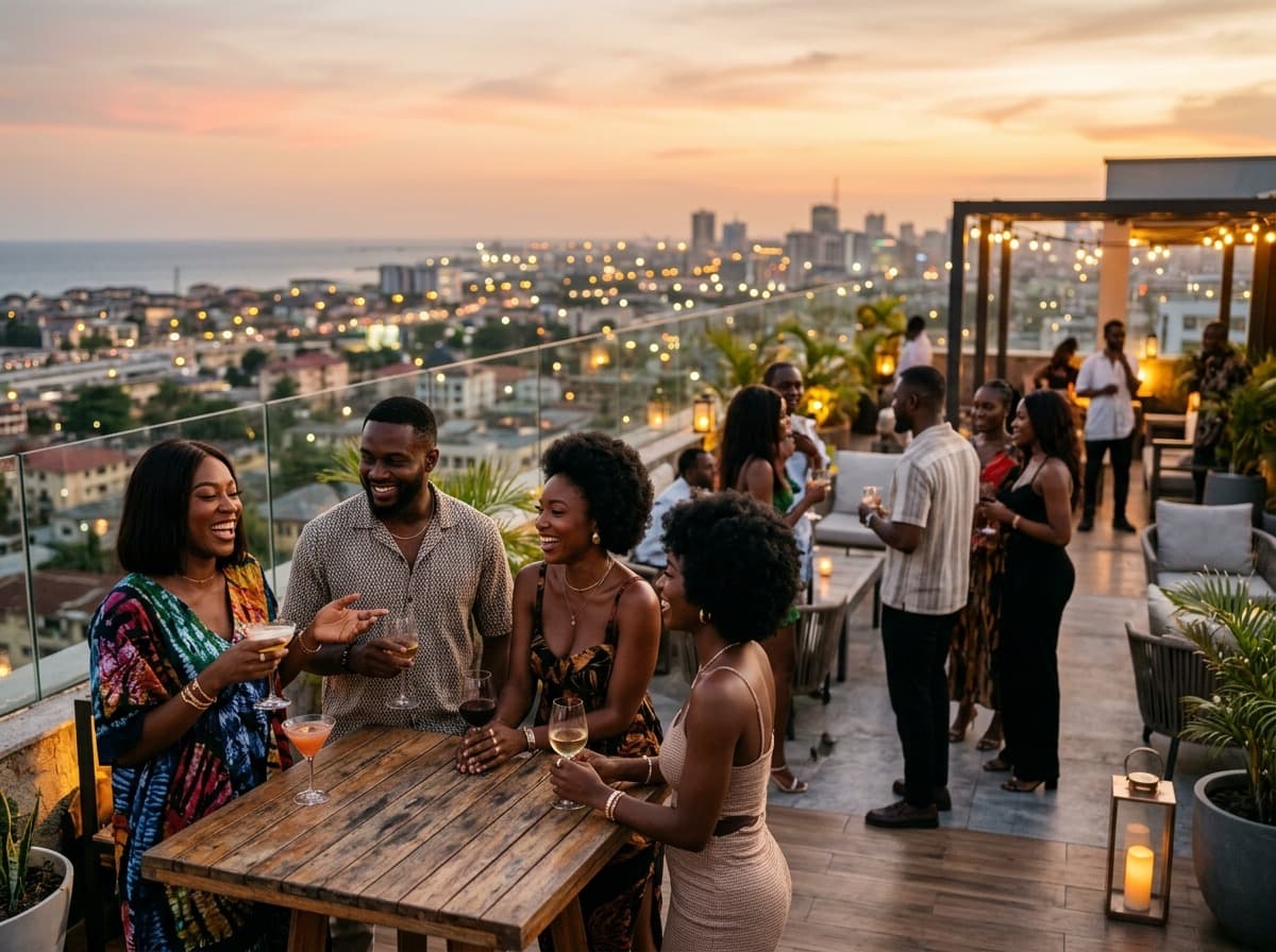 Sophisticated rooftop gathering of young adults overlooking the Lagos sunset skyline