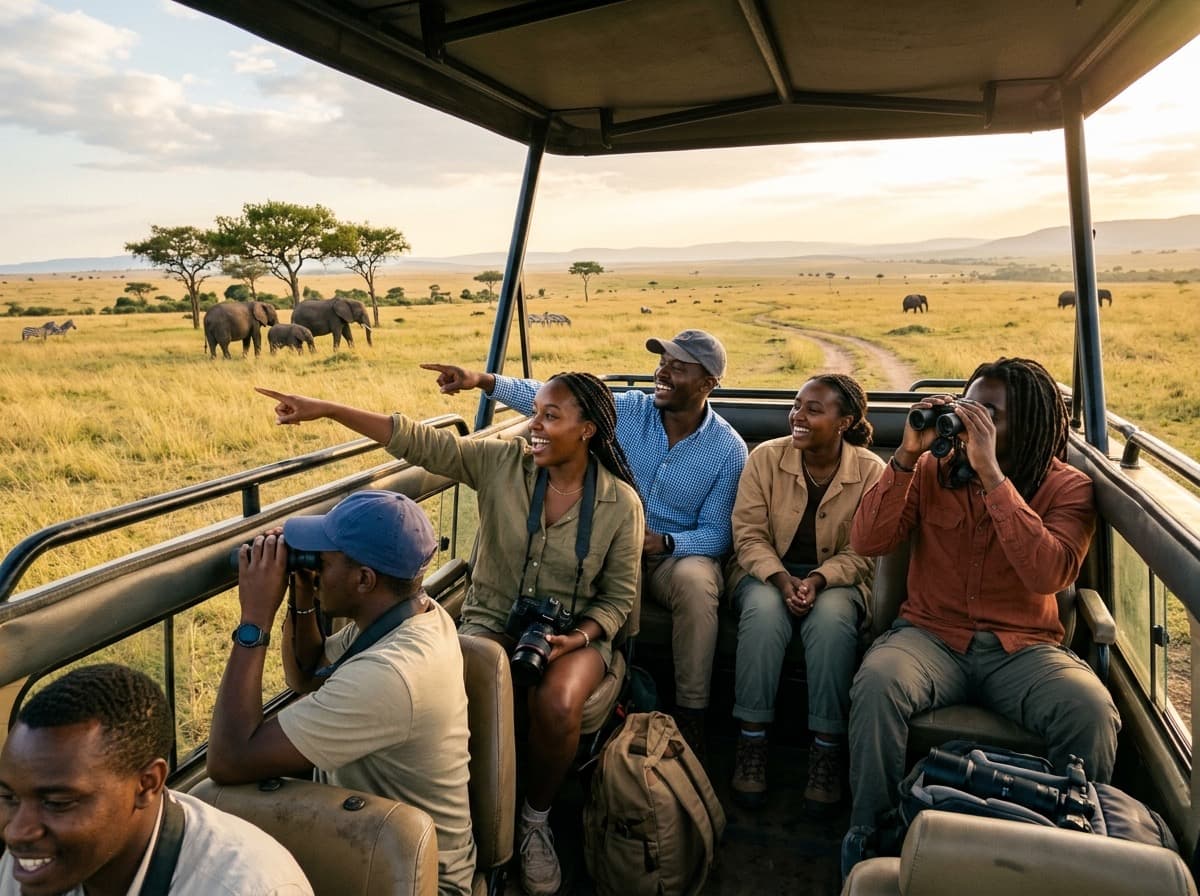 Travelers on an open vehicle safari observing elephants in Maasai Mara